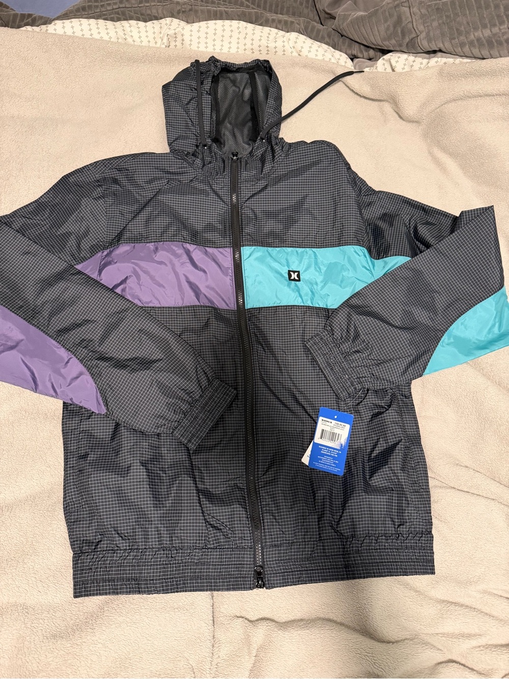 Hurley Black Windbreaker with Teal & Purple Panels